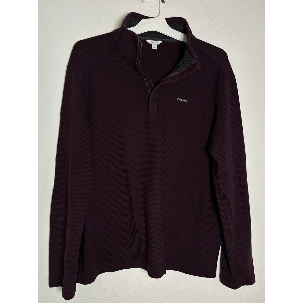 Calvin Klein Mens Quarter Zip Pullover Burgundy Plum Ribbed Long Sleeve Large